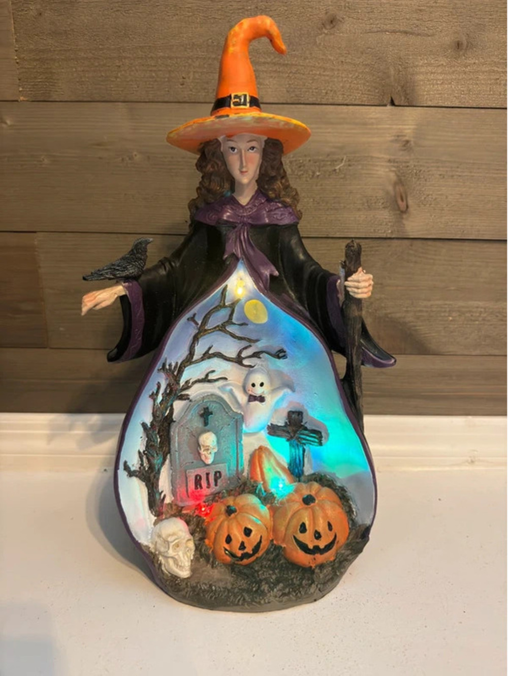 Light Up Witch Statue With Graveyard Scene - 15in Figurine With Pumpkins Ghost